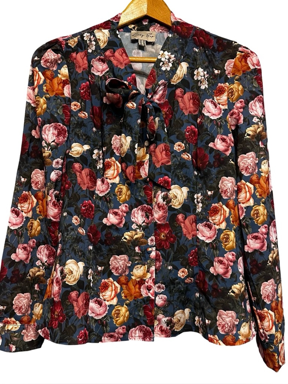Lindy Bop Floral Tie Neck Blouse Romantic Cottagecore Long Sleeve Top SZ 8